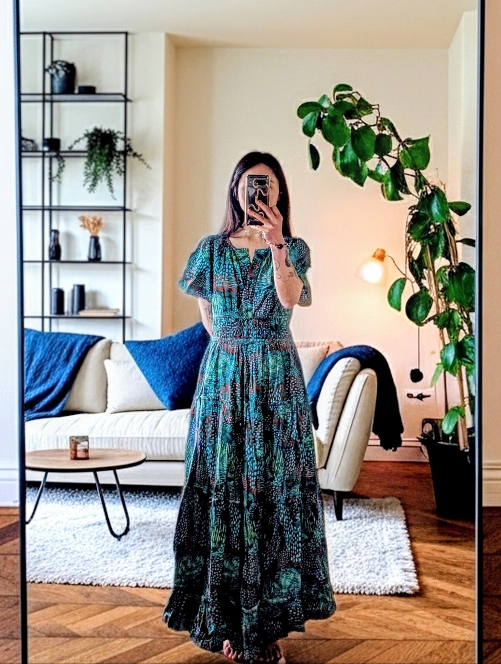 Briton Court Button-Up Maxi Dress in Green & Teal Tropical Pattern